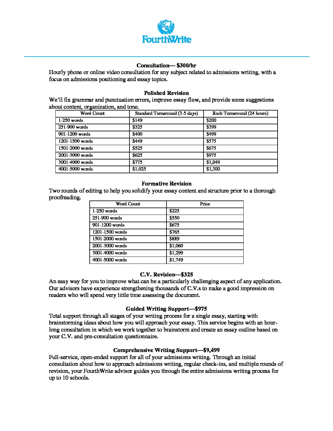 FourthWrite Price List  FourthWrite